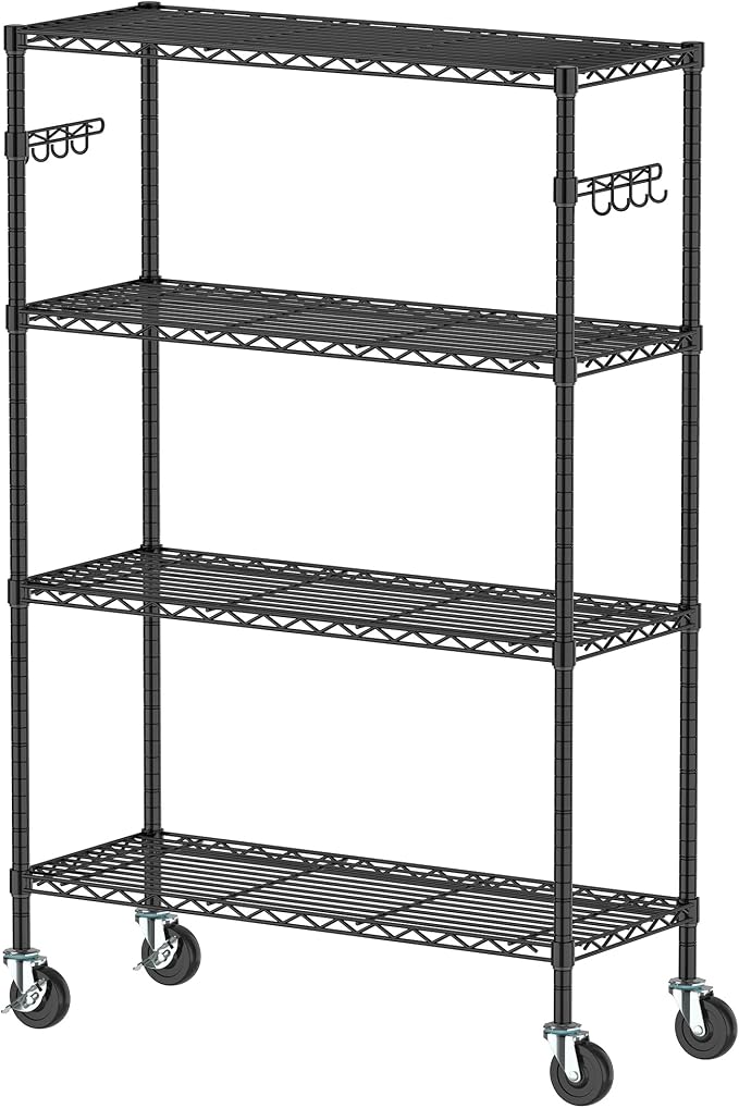 4 Tier Wire Metal Shelving Rack Garage Storage Rolling Shelves with Wheels | Heavy Duty Adjustable Industrial Shelving Steel Wire Organizer Rack for Kitchen Garage Pantry Office Bathroom