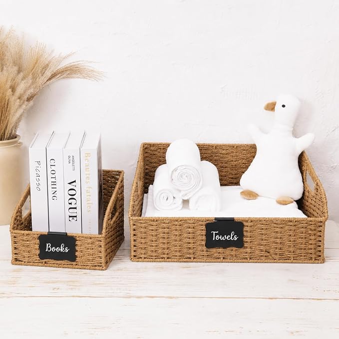 Pantry Organizers, Handwoven Large Wicker Baskets for Shelves & Kitchen, Labeled Storage Baskets for Organizing with Handles - Paper Storage Bins for Shelves, 3 Pack, Natural