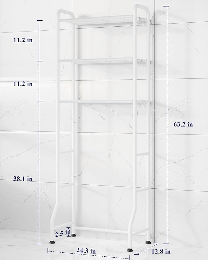 Kitsure Over Toilet Storage Rack, 63.2" H Space-Saving, Holder & Hooks | Bathroom, Laundry Room, Small Spaces, Families, Durable Metal, White, 3 Tier