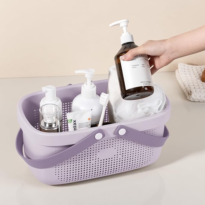 JiatuA Plastic Storage Basket with Handle Portable Shower Caddy Tote Organizer Basket Bin for Bathroom Kitchen Dorm Room Bedroom, Purple