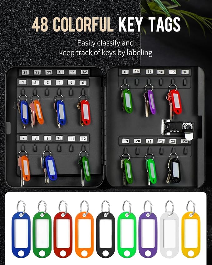 Uniclife 48 Position Key Cabinet with Combination Lock Resettable Black Digital Security Storage Box Steel Key Organizer with Colorful Key Tag Labels Stickers and Hooks