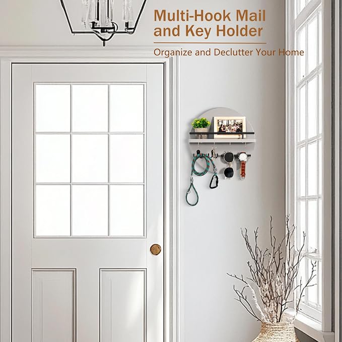 Key Holder for Wall Decorative with Shelf and Hooks, Unique Mail Organizer Wall Mount with Sunglasses Holder, Cute Circular Design Entryway Key Rack Hanger, Rustic Home Decor Boho Wall Decor (grey)