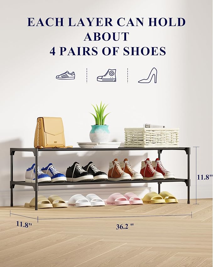 Kitsure Shoe Rack - Non-Woven Shoe Rack Shelf, 36.2" Wide - 2 Tier, Black | Shoe Organizer for Closet, Entryway, Garage, Stackable Shoe Shelves, college dorm&apartment essentials