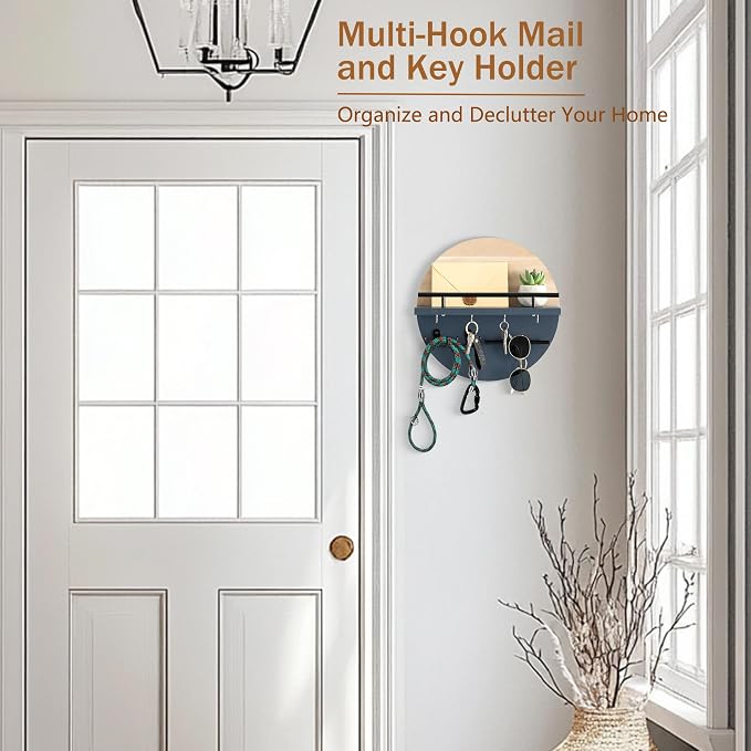dreampossible Key Holder for Wall Decorative with Shelf and Hooks, Mail Organizer Wall Mount with Sunglasses Holder, Circular Design Entryway Key Rack Hanger, Rustic Home Decor