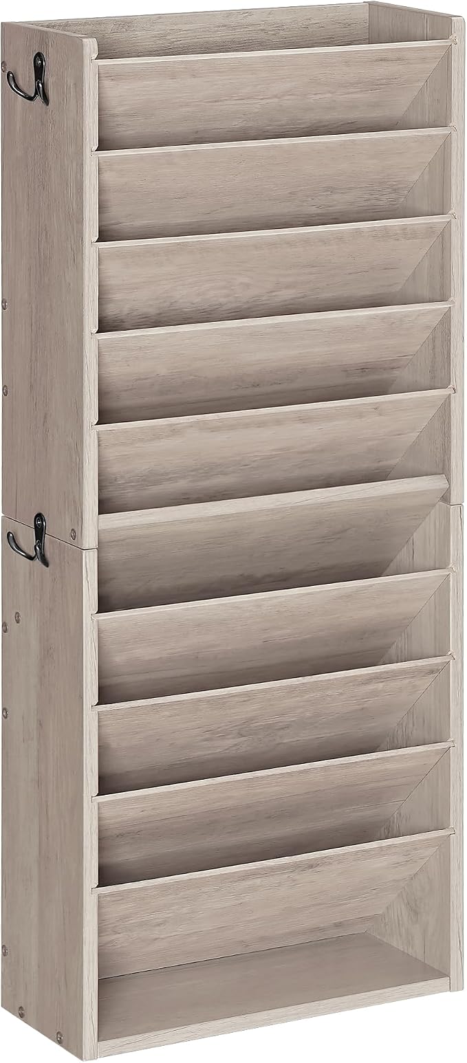 CHOEZON Wall File Organizer, 10-Tier Hanging Mail Organizer, Wall Mount File Holder with 4 Side Hooks, Industrial Mail and Storage Organizer, Wooden Vertical Hanging Holder for Office, Greige MWJ03FH