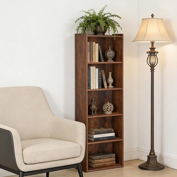 SUPER DEAL 5-Tier Open Shelf Bookcase and Bookshelf, Freestanding Display Shelves Narrow Cube Storage Organizer for Small Spaces Kids Bedroom Living Room Home Office Apartment, 52 Inch, Rustic Brown