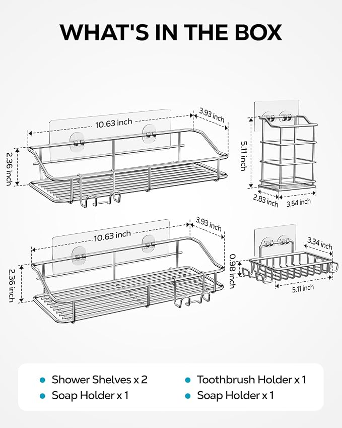 Nieifi Shower Caddy Shelf with Hooks Storage Rack Organizer Adhesive Stainless Steel without Drilling for Bathroom, Lavatory, Washroom, Restroom, Shower, Toilet, Kitchen (Sliver, 4 Pack)