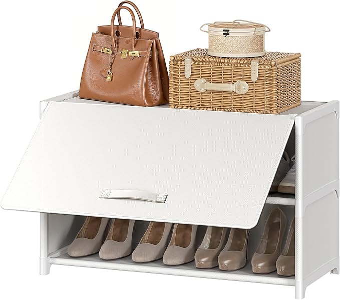 3 Tier Shoe Cabinet with Door, 12-Pair Storage, White | Compact for small closets. Holds heels, sneakers, boots. Door for dust/pet protection. Quick easy setup.