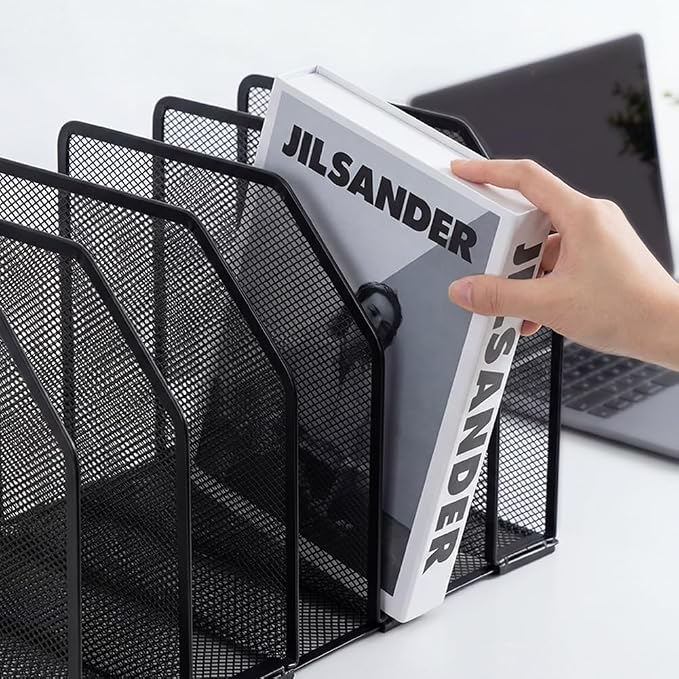 7-Section Vertical Mesh File Sorter, Black Metal Desktop Document Organizer with Extra Wide Spacing, Metal Paper Holder for Home Office Classroom Desk Storage