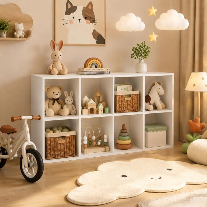 POWERSTONE 8 Cube Storage Organizer, Open Cube Bookshelf with Back Panels, Modern Display Cubby Bookcase for Bedroom Living Room Home Office, White