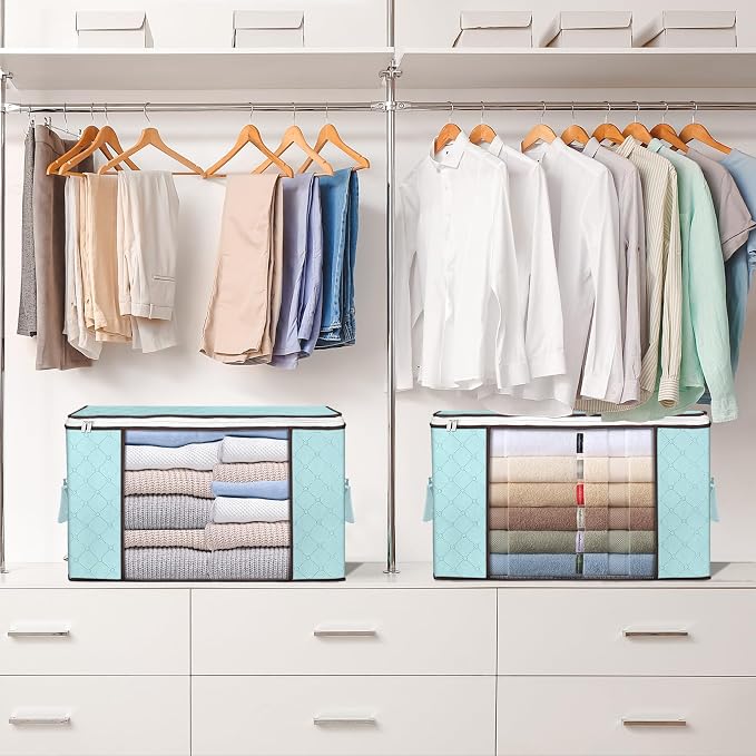 90L Large Storage Bags, 6 Pack Clothes Storage Bins Closet Organizers | Foldable Storage Containers, with Reinforced Handle, for Clothing, Blanket, Comforters, Bed Sheets, Pillows and Toys,Blue