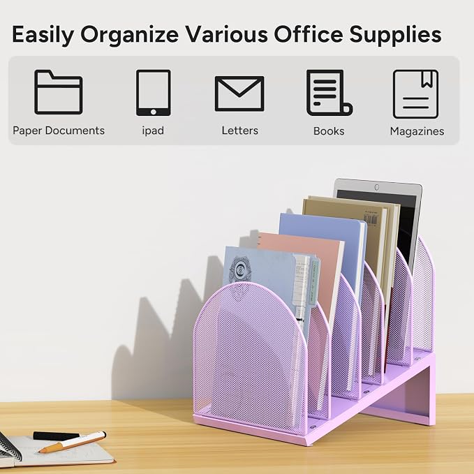 5-Section Desk File Organizer | Metal Mesh Folder Organizer for Documents, Mail & Office Papers (Purple)