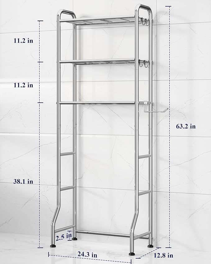 Kitsure Over Toilet Storage Rack, 63.2" H Space-Saving, Holder & Hooks | Bathroom, Laundry Room, Small Spaces, Families, Durable Metal, Silver, 3 Tier