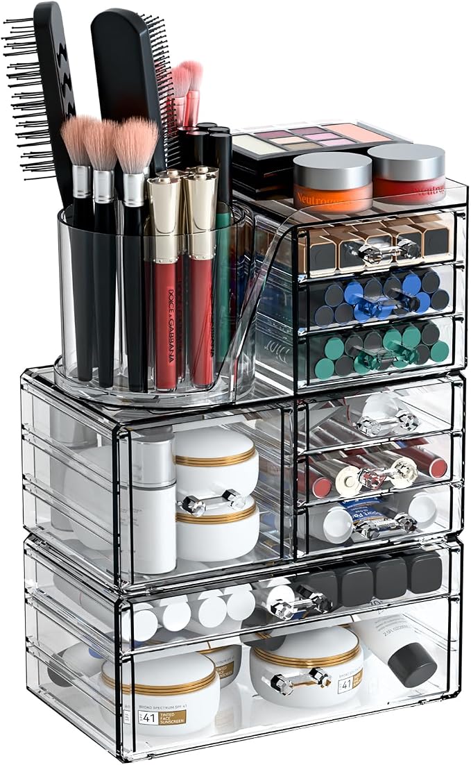 SuoXing 3 Pack Clear Acrylic Makeup Organizer for Vanity With 9 Drawer, Skincare Organizers Countertop With Make up Brush Holder,Bathroom Make up Drawer Storage for Beauty,Hair Accessories Organizer | Cute