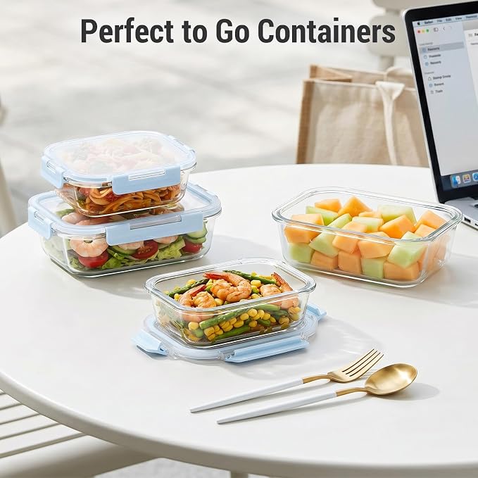 Dealusy 10 Sets (20-Piece) 36 oz & 12 oz Glass Food Storage Containers with lids, Airtight Leak-proof Glass Meal Prep Containers with Lids, Microwave Oven Freezer Dishwasher Safe, Blue