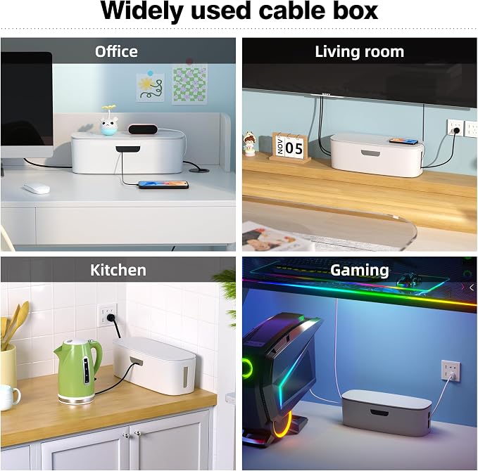 Cable Management Box - Large Cord Organizer Box to Hide Power Strip & Under Desk, TV Computer Wires Cable Organizer Box with Baby Proofs, Desk Cord Organizer for Home/Office - White
