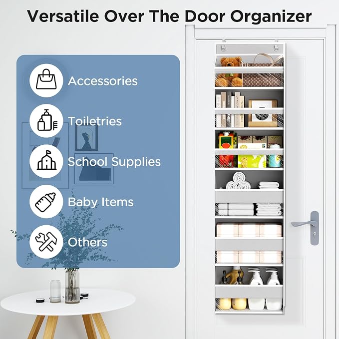 6 Tiers Over The Door Organizer, Behind The Door Storage Hanging Shelves | Heavy Duty Hanging Organizer Storage with Large Capacity Pockets for Closet Wall Bathroom Bedroom Nursery Pantry, 1 Grey