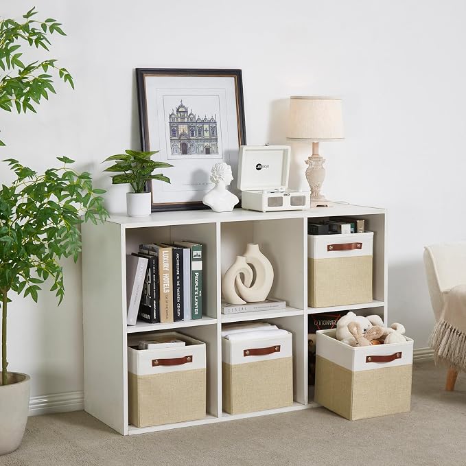 Bagnizer Collapsible Fabric Storage Cube Bins with 2 Reinforced PU Handles, Foldable Storage Organizer Baskets for Closet, Shelves, Living Room | 11"x11"x11", 4 Pack, Beige & White