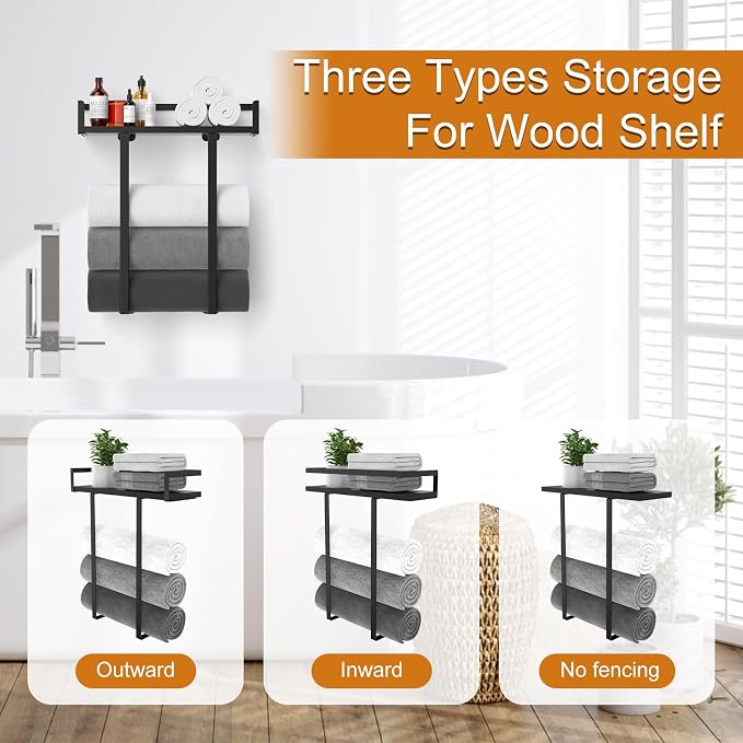 Towel Racks for Bathroom Wall Mounted, Xstydes Metal Towel Holder with Wooden Shelf for Folding Large Towels, Towel Storage for Small Bathroom Organizer Decor or RV Camping, Black