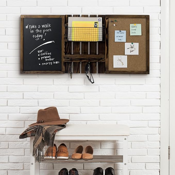 MyGift 3 Panel Wall Mounted Entryway Bulletin Board Combo Set | Rustic Burnt Solid Wood Frame with a Chalkboard, Cork Board, Black Metal Mail Basket, and Hanging Rail Message Display Office