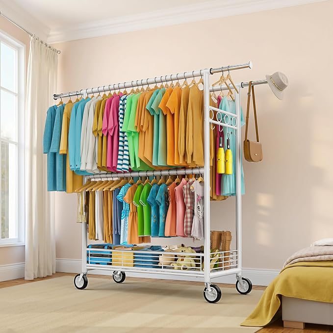 Heavy Duty Clothes Rack Load 960LBS, Three Rods Rolling Clothing Racks for Hanging Clothes, Rolling Garment Rack With Sturdy Wheels Shelves Hooks, Portable & Adjustable Commercial Garment Rack, White
