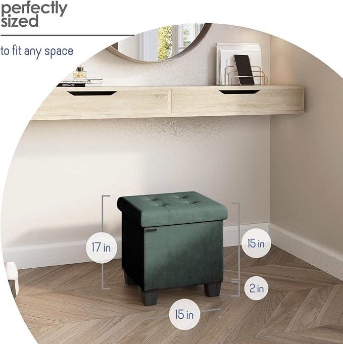 Storage Ottoman Cube with Small Bin, 15-in Square Ottoman with Storage for Living Room and Bedroom, Small Ottomans Foot Rest, Velvet Foot Stools Ottomans Max 330lbs, Green