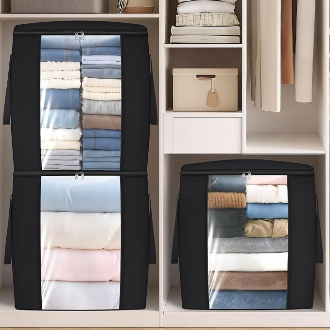 TasticTotes 120L Extra Large Blanket Clothes Storage Bags, Gray, 4 Pack | Foldable Blanket Storage and Organization, Thick Fabric Containers with Reinforced Handles & Zippers for Comforters, Bedding