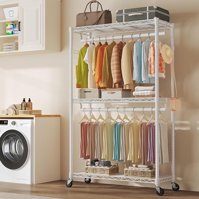 OLIXIS Clothes Rack Heavy Duty Adjustable Garment Clothing Rack with Wheels, Rolling Metal Freestanding Closet Organizer for Hanging Clothes with 2 Side Hooks, Double Rods, 47"x17"x80", White