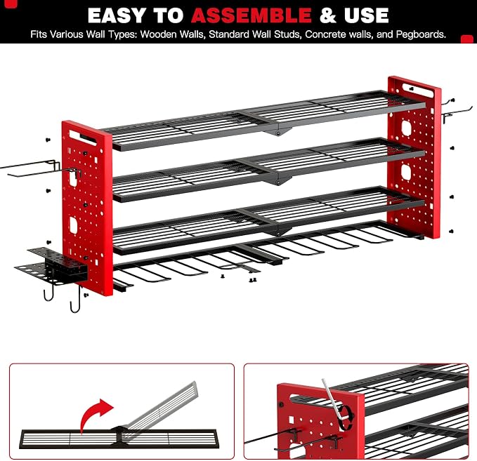 NattyDot Power Tool Drill Holder Wall Mount, 4Tier Garage Organizer, Red | 4-tier Utility Rack Stores 8 Cordless Drills, Batteries and Accessories while Freeing Extra Garage Wall Storage Space