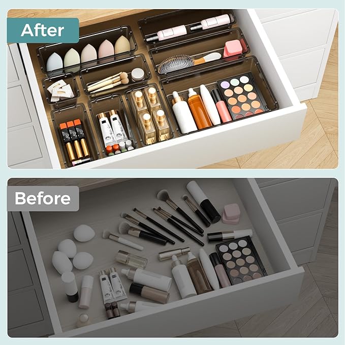 44 PCS Clear Plastic Drawer Organizer Set, 4 Sizes Storage Bins, Black | Desk Drawer Organizer Trays for Makeup, Jewelry, Gadgets and Utensils, Perfect for Bathroom, Bedroom and Office Organization