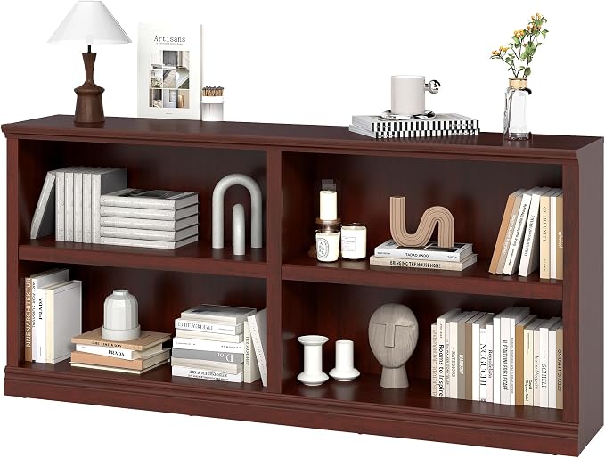 64" W Double Wide Open Shelf Bookcase, 2 Tiers 4 Storage Cube Book Case | Horizontal Bookshelf, Display Cabinet Organizer Indoor Furniture, Home Library Office, Mahogany Adjustable Shelf