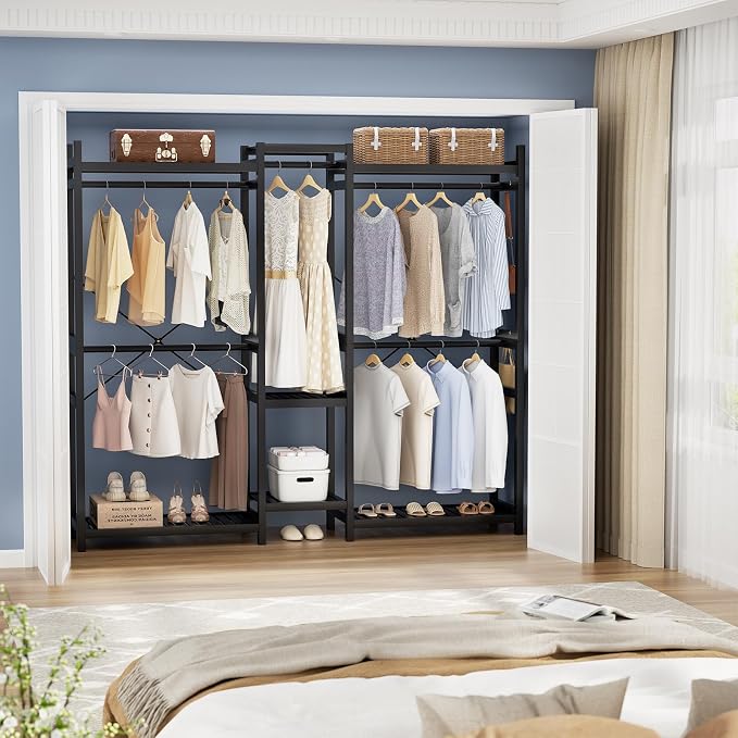 Bamboo Closet System Clothes Rack, Large Freestanding Garment Rack Clothing Rack for Hanging Clothes with 7 Storage Shelves and 5 Rods, Open Wardrobe Organizer with 4 Hooks, Black