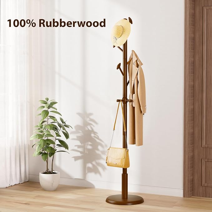 Taitiy Solid Wood Coat Rack Freestanding Coat Tree with 10 Hooks | for Bedroom, Livingroom, Entryway, Sturdy Coat Hanger Stand for Hats, Coats, Scarves, Handbags, Purses