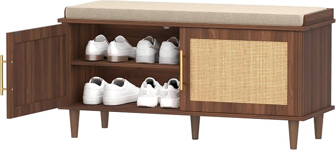 Akxomel 39.4" Rattan Shoe Storage Bench 2 Doors Entryway Bench Walnut | 2 Tier Shoe Bench with Padded Cushion, Adjustable Shelves and 2 Doors, Solid Wood Legs, for Hallway, Living Room, Bedroom