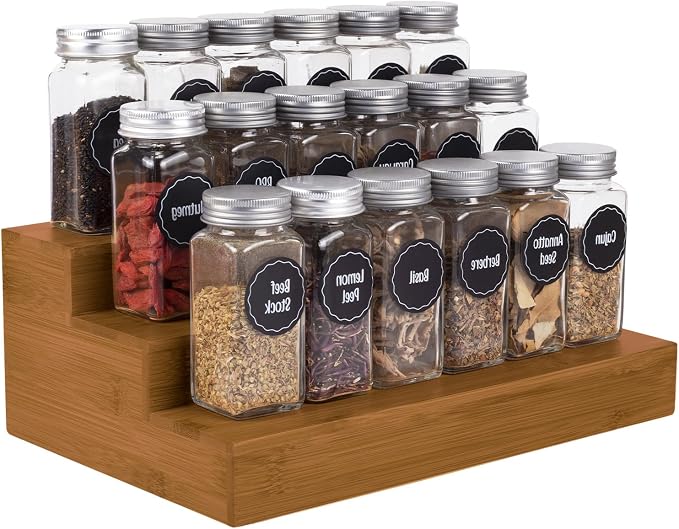 Bamboo Spice Rack Organizer for Cabinet 2 Pack - 3 Tier Countertop Step Shelf, Seasoning Storage Stand for Kitchen Pantry, Spice Holder for Jars Bottles Cans (Brown)