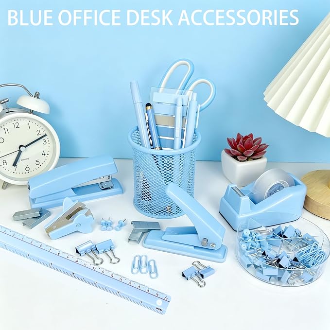 JIZHIYUAN Blue Desk Accessories Set - 16 Pcs Blue Office Supplies with Stapler, Tape Dispenser, Pen Holder, Staple Remover, Hole Punch, Practical Aesthetics Desk Sets for Office, Home, School Women