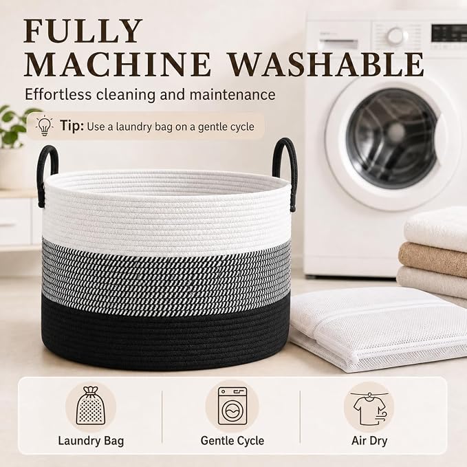 JMvicyroam 115L Extra Large Machine Washable Cotton Rope Blanket Basket | Collapsible laundry hamper, Reinforced handles, For blankets,pillows,toys and clothes, Living room and bedroom,White&BlackMix