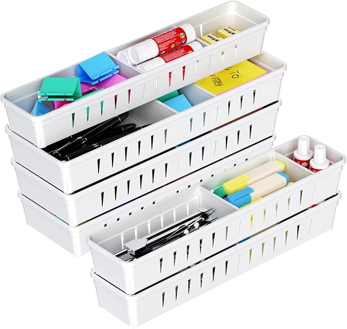 6 PCS Desk Drawer Organizer, Bathroom Drawer Organizer Trays | 12 pcs Dividers Adjustable, 24 Non-Slip Feet, Makeup Organizer Bins for Vanity Clothes Junk Kitchen Utensil, Plastic, White