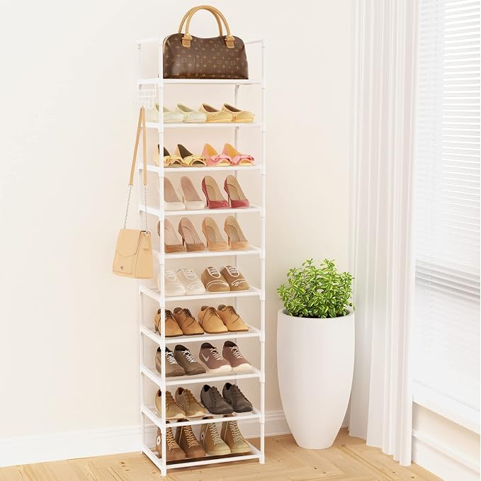 Metal Shoe Rack Organizer 10 Tiers, 20-24 Pairs Narrow Tall Shoe Racks for Closets Entryway - Vertical Boots Organizer Storage - Sturdy Shoe Shelf Cabinet White