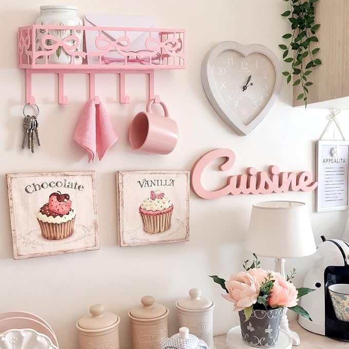 Hicarer Pink Bow Key Holder Wall Mount with Basket and 5 Hooks Decorative Cute Coquette Bow Hooks Hanger Pink Key and Mail Organizer Coquettish Preppy Decor for Entryway Home Apartment Dormitory