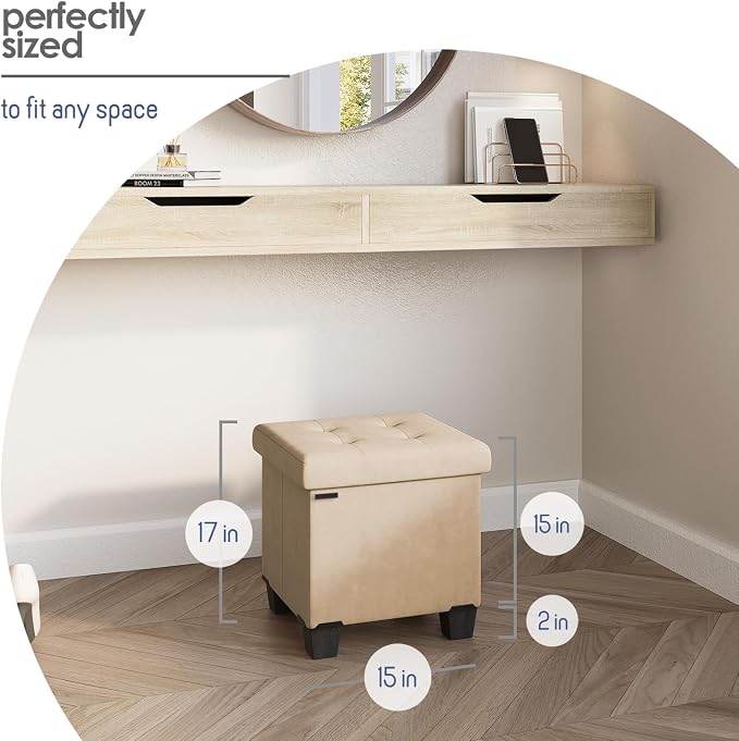 Storage Ottoman Cube with Small Bin, 15-in Square Ottoman with Storage for Living Room and Bedroom, Small Ottomans Foot Rest, Velvet Foot Stools Ottomans Max 330lbs, Taupe
