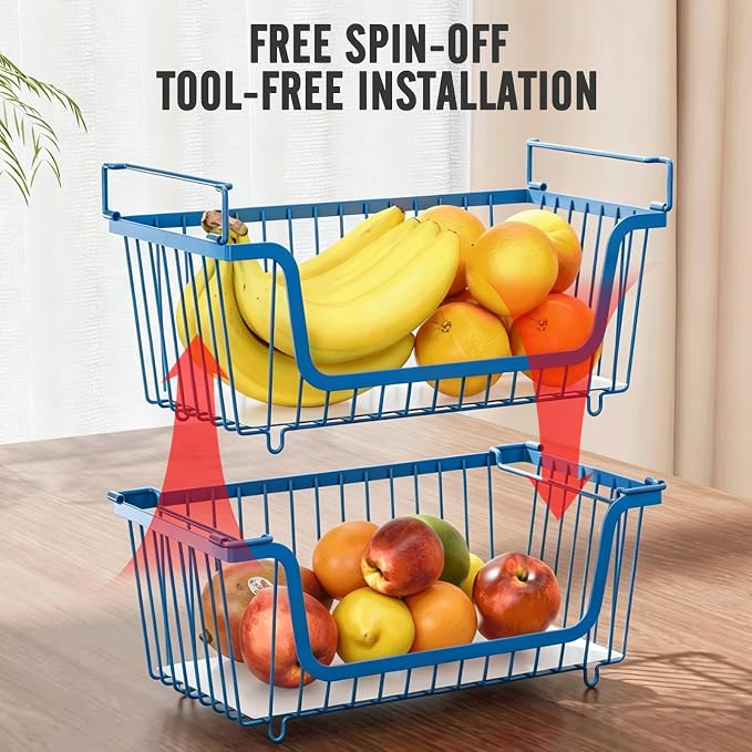 4 Pcs Stackable Wire Baskets for Pantry Organizers and Storage,blue, | Vegetable Fruit Basket for Countertop,Kitchen Storage Metal Baskets,Produce Potato Onion Storage Bin,