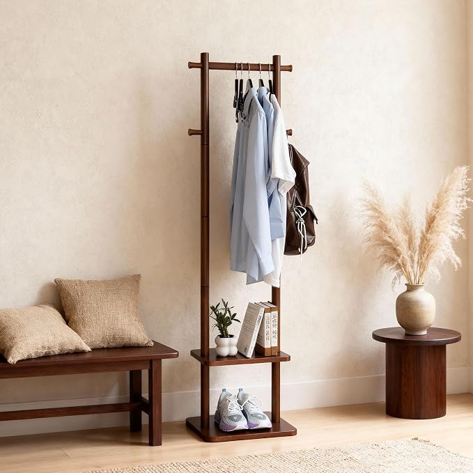 Coat Rack,Wooden Coat Rack Freestanding,Standing Coat Racks Tree Clothes Hanger Stand with Stury Base for Entryway, Livingroom, Bedroom,Easy to Assemble(Brown)