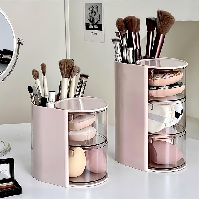Azurphoric Hair Accessories Organizer with Hair Brush Holder(Pink, 2-Layer) | Rotatable Makeup Brush Holder for Necklaces, Earring, Bracelet, Ring, Makeup Brushes, Hair Clip and Hair Accessories