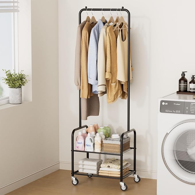 AOODA Small Clothes Rack with Shelves, Metal Sturdy Rolling Clothing Racks for Hanging Clothes, Portable Garment Rack with Wheels for Shirts, Coats, Shoes, Bags (Black)