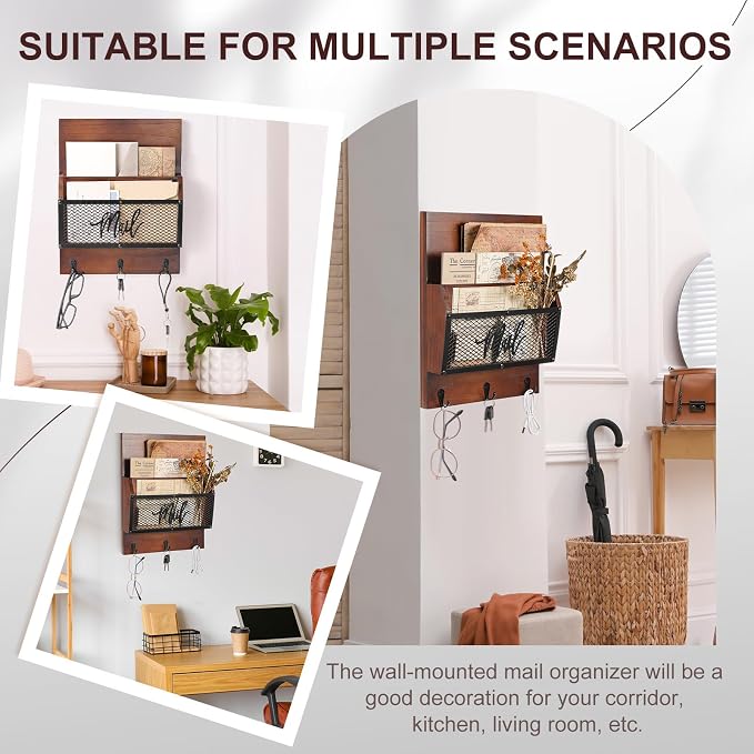Yalikop Farmhouse Mail Organizer Wall Mounted Rustic Mail Holder Hanging Key Sorter with 3 Hooks Indoor Wooden Wall Mounted, Letter, Magazines, Newspapers, Keys (Classics,Dark Brown)