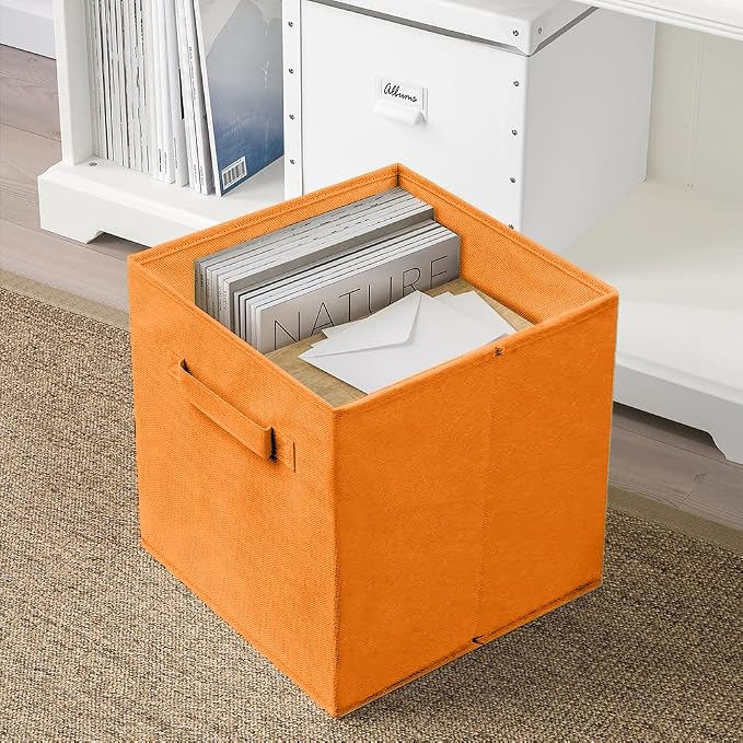 PowerKing Collapsible Storage Cubes, Farbic Storage Bins, Orange, 6 Pack | Sturdy, Lightweight, Easy Pull Handle, Closet & Shelf Organizer, Clothes and Toys Storage, 10.5'' x 11'' x 10.5''