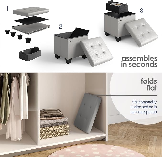 Storage Ottoman Cube with Small Bin, 15-in Square Ottoman with Storage for Living Room and Bedroom, Small Ottomans Foot Rest, Leather Foot Stools Ottomans Max 330lbs, Light Grey