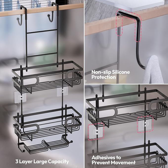 SWTYMIKI Over the Door Shower Caddy Hanging with Double Soap Holder, Hanging Shower Organizer with 16 Hooks, No Drilling Shower Shelves Over Door, Bathroom Rack and Storage, Black