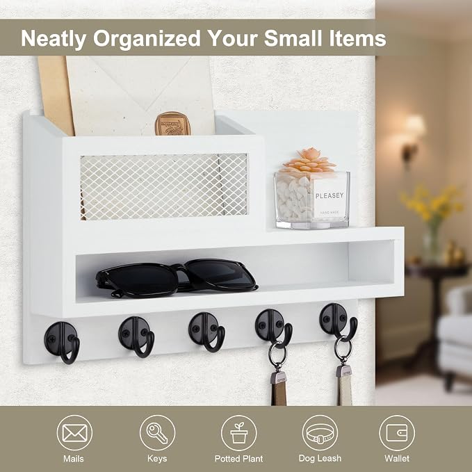Key Holder for Wall, Mail Organizer Wall Mount with Storage Compartment and 5 key Hooks for Coat, Dog Leash, Stylish Mesh Mail Holder, Home Decor Entry Way Organizer